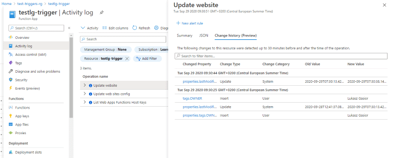 Azure Activity Log – Change History