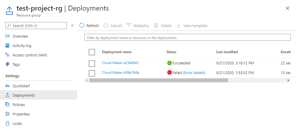 Deployments in Azure portal