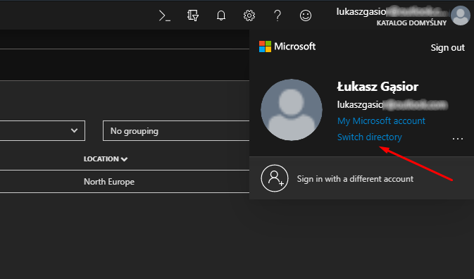 switch directory to select azure sandbox