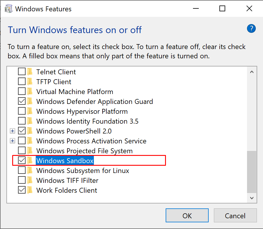 Windows Features list